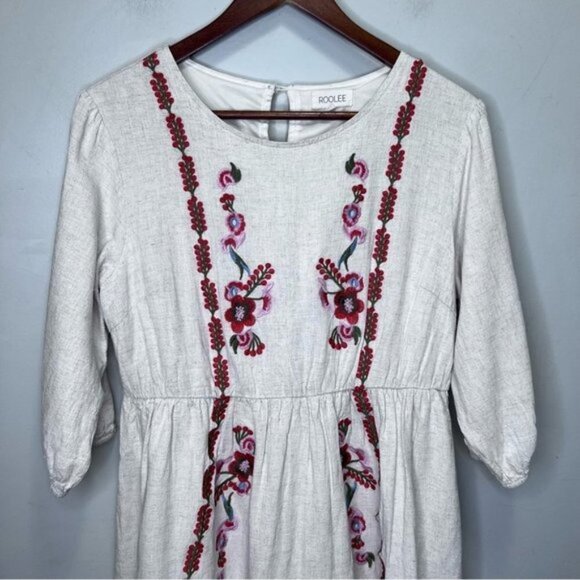 Roolee Linen Floral Embroidered Dress Size Medium Floral Boho Prairie Feminine - Picture 3 of 14